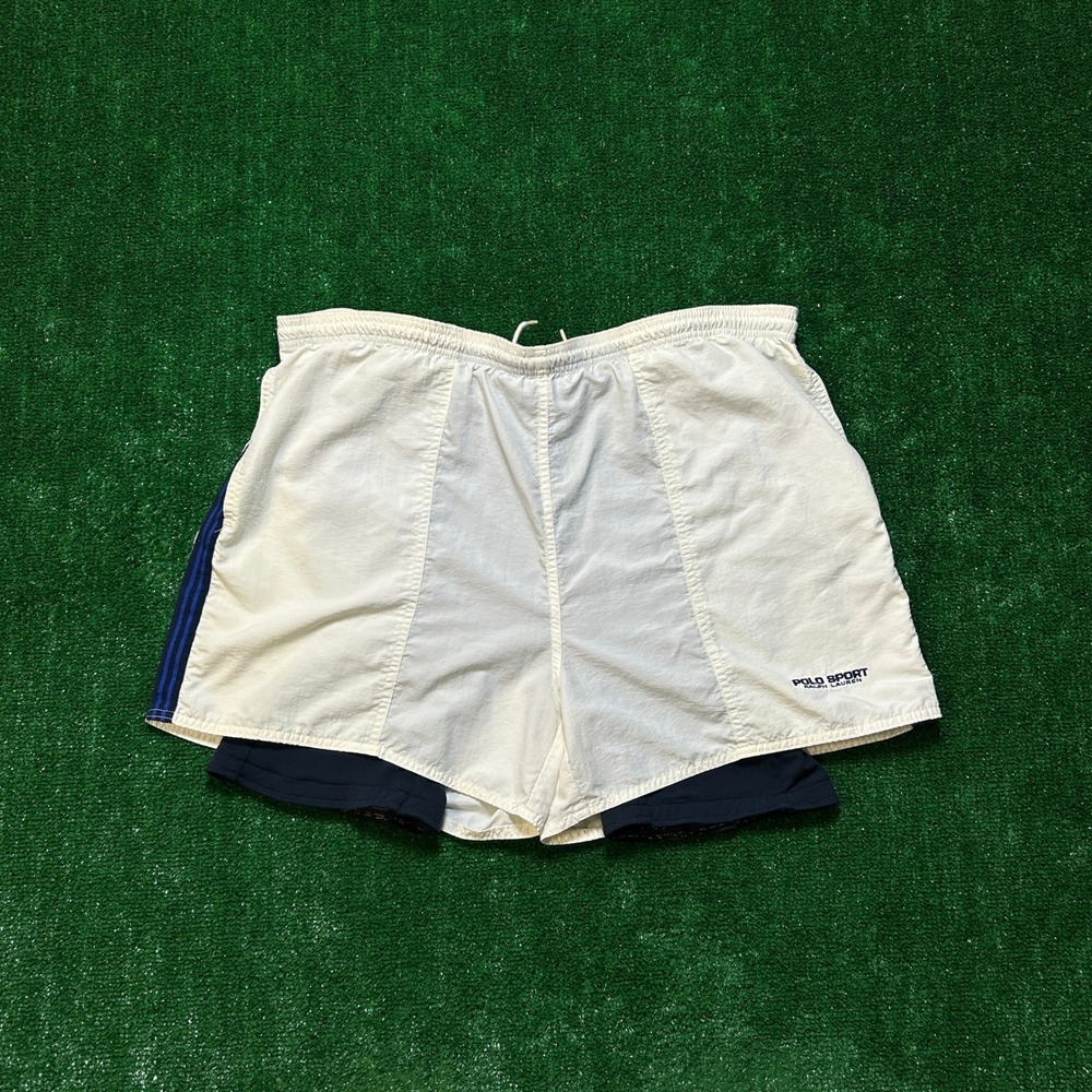 Vintage USA Polo Sport Ralph Lauren 2-in-1 Running Shorts White Navy XL